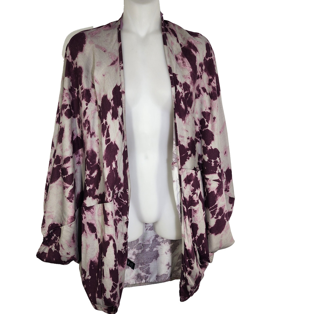 Torrid Women Kimono Ruana Wrap Cardigan Sz 1/2 Purple Tie Dye Washed Cocoon Open